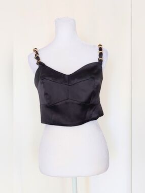 River Island Black Cropped Corset Top Gold Chain Strap Detail US 6 UK 10 NWT
